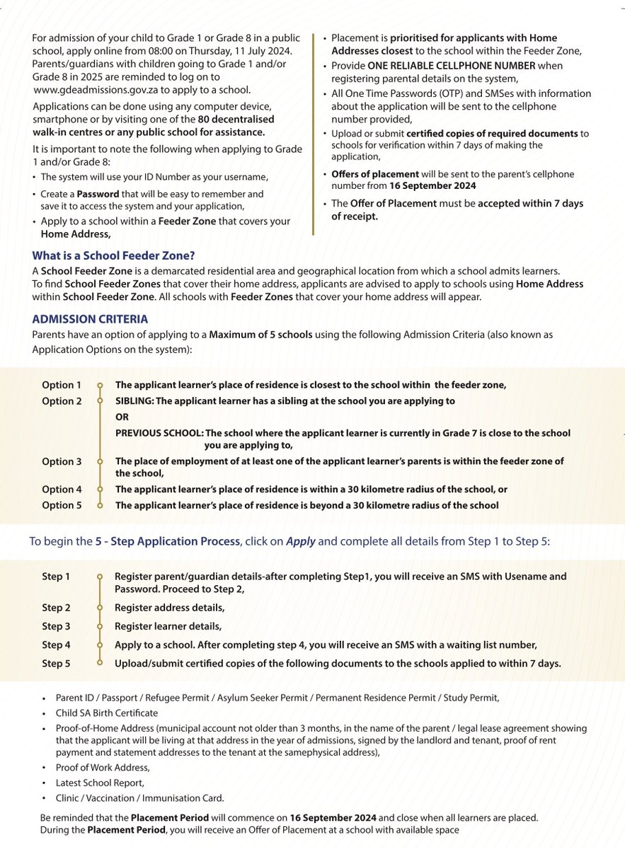 EducationGP1's tweet photo. 2025 ONLINE ADMISSIONS APPLICATION PERIOD 

The #2025OnlineAdmissionsGP application period for parents &amp; guardians with children going to Grade 1 and/or Grade 8 at Gauteng public schools opens this Thursday on 11 July 2024 at 08:00 AM.

To apply, visit: https://t.co/x60S5hdalG https://t.co/Qq7gx36YoL