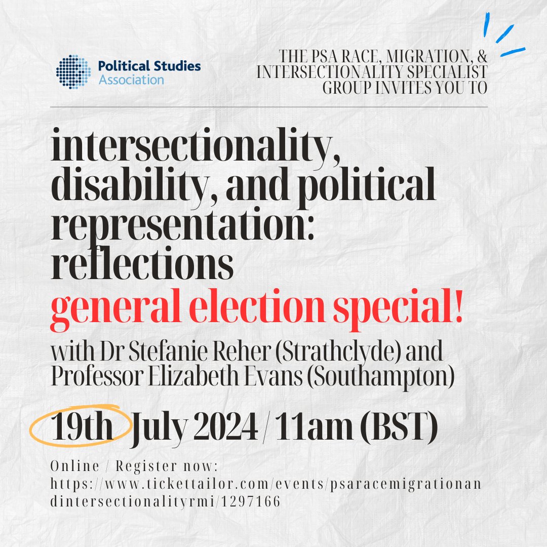 Now the general election is over - join us to hear  the co-authors of Disability and Political Representation  reflect on it. Elizabeth Evans and Stefanie Reher will reflect on their book in the context of the first weeks after #GE2024. ✨

Register now: tickettailor.com/events/psarace…