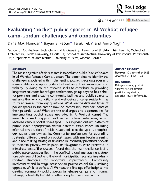 JournalURP's tweet photo. New research paper published by Dana M.A. Hamdan, Bayan El Faouri, Terek Teba (@Arch_Tarek_Teba) & Amro Yaghi
https://t.co/GzxvE9mjYC
#RefugeeCamps #PocketSpaces #CircularDesign #ParticipatoryDesign #AdaptiveReuse #Informality https://t.co/y9rRmRLqzT