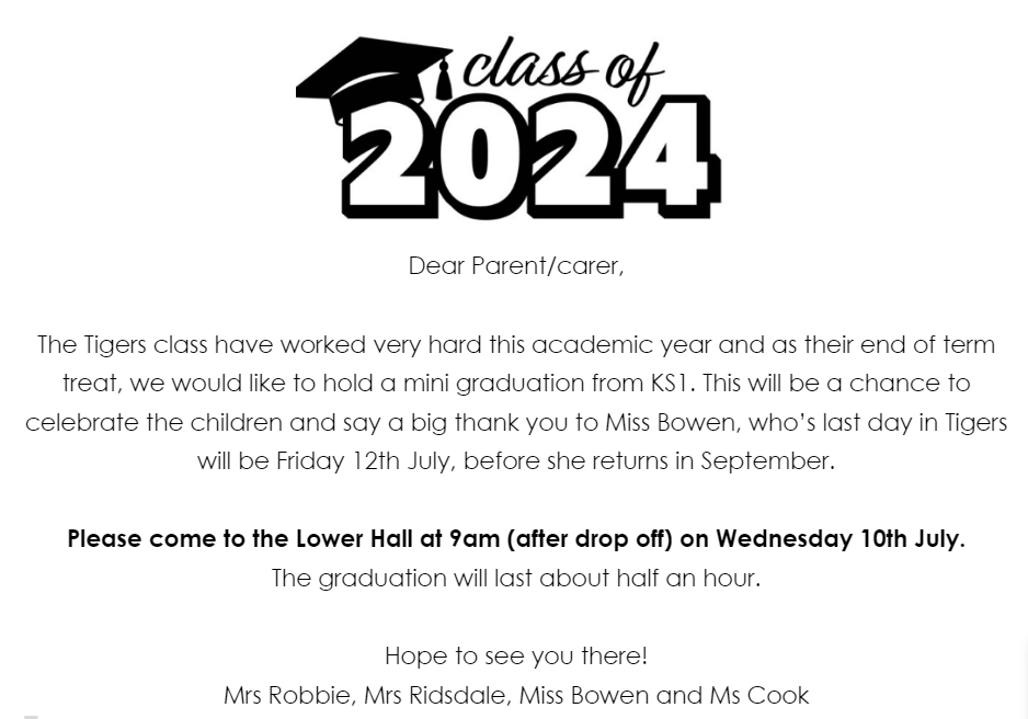 TigersBCP's tweet photo. Tomorrow is our Tigers class celebration event 9-9.30am in the lower hall. Hope to see lots of you there! https://t.co/rZLL3pxzek