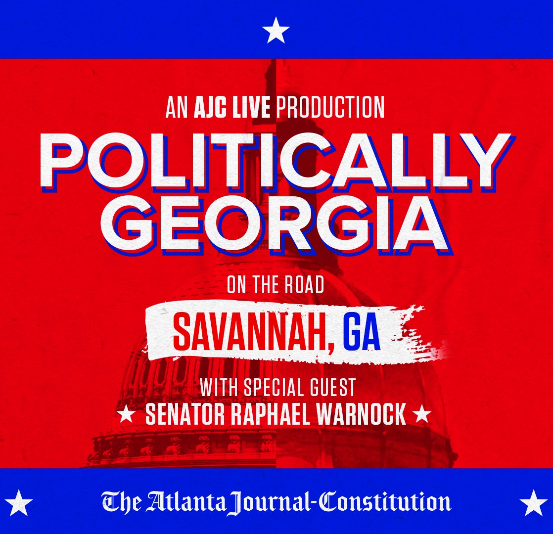 📍Savannah, GA, here we come! Meet the AJC’s <a href="/PoliticallyGa/">Politically Georgia Podcast</a> team <a href="/bluestein/">Greg Bluestein</a>, <a href="/ajconwashington/">Tia Mitchell, AJC’s Washington Bureau Chief</a>, <a href="/MurphyAJC/">Patricia Murphy</a> and <a href="/nigutb/">Bill Nigut</a> for a live-to-tape recording of the Politically Georgia podcast joined by special guest, <a href="/SenatorWarnock/">Senator Reverend Raphael Warnock</a>. Register: live.ajc.com/politicallygeo…