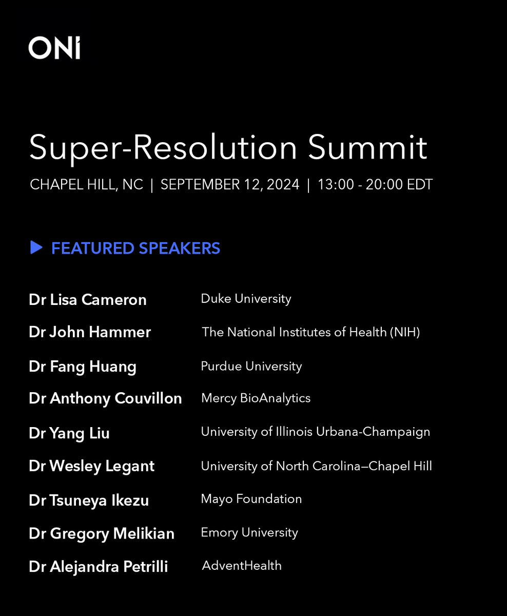 🌟 We are thrilled to unveil our esteemed speakers for the #ChapelHill #SuperResolution Summit! 🌟

Join us for this gathering of #CuriousMinds with experts in super-resolution #microscopy! 

Secure your spot ➡️ hubs.li/Q02FHBxl0

#BiomedicalResearch #ScientificCommunity