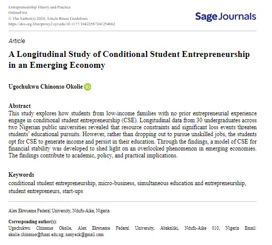 ETPjournal's tweet image. A study at ETP reveals how Nigerian students from low-income families use conditional student entrepreneurship (CSE) to overcome financial challenges and stay in school shedding light on a growing trend in emerging economies.
doi.org/10.1177/104225…