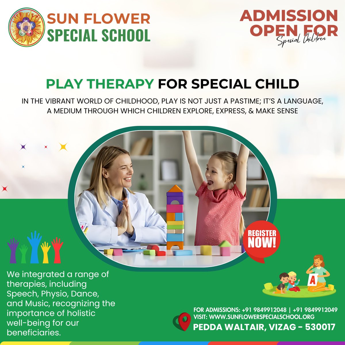 SpecialSchool55's tweet photo. Empowering children through play therapy at Sun Flower Special School.

Call us: 9849912048

#Sunflowerspecialschool #PlayTherapy #SpecialEducation #ChildDevelopment #HolisticWellBeing #SpeechTherapy #PhysioTherapy #DanceTherapy #MusicTherapy #InclusiveEducation https://t.co/X6IatzHw0w