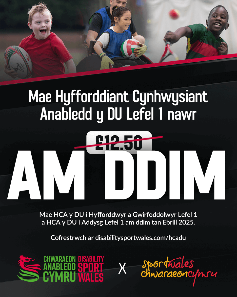 📣 UK DIT for Coaches and Volunteers Level 1, and UK DIT for Education Level 1 are both FREE until April 2025 / Mae HCA y DU i Hyfforddwyr a Gwirfoddolwyr Lefel 1 a HCA y DU i Addysg Lefel 1 AM DDIM tan Ebrill. <a href="/sportwales/">Sport Wales</a> 

Enrol at / Cofrestrwch ar:
🔗 disabilitysportwales.com/ukdit