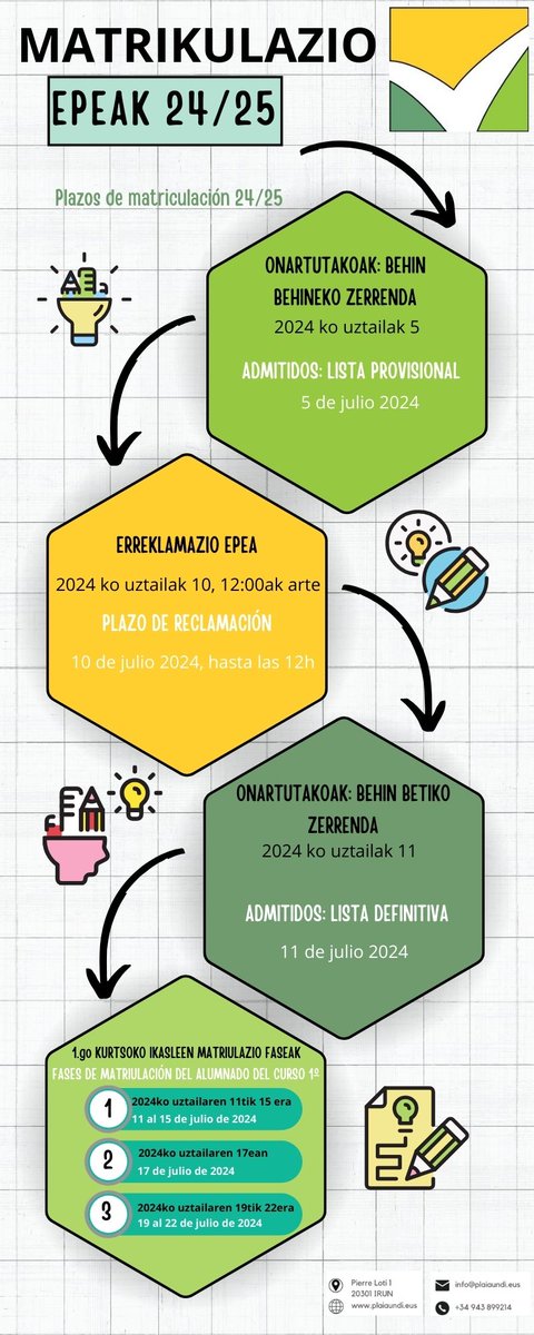 🔊Ez galdu aukera! Matrikula epeak hemen ikusgai.
⚠️¡No pierdas la oportunidad! Consulta aquí los plazos de matrícula.