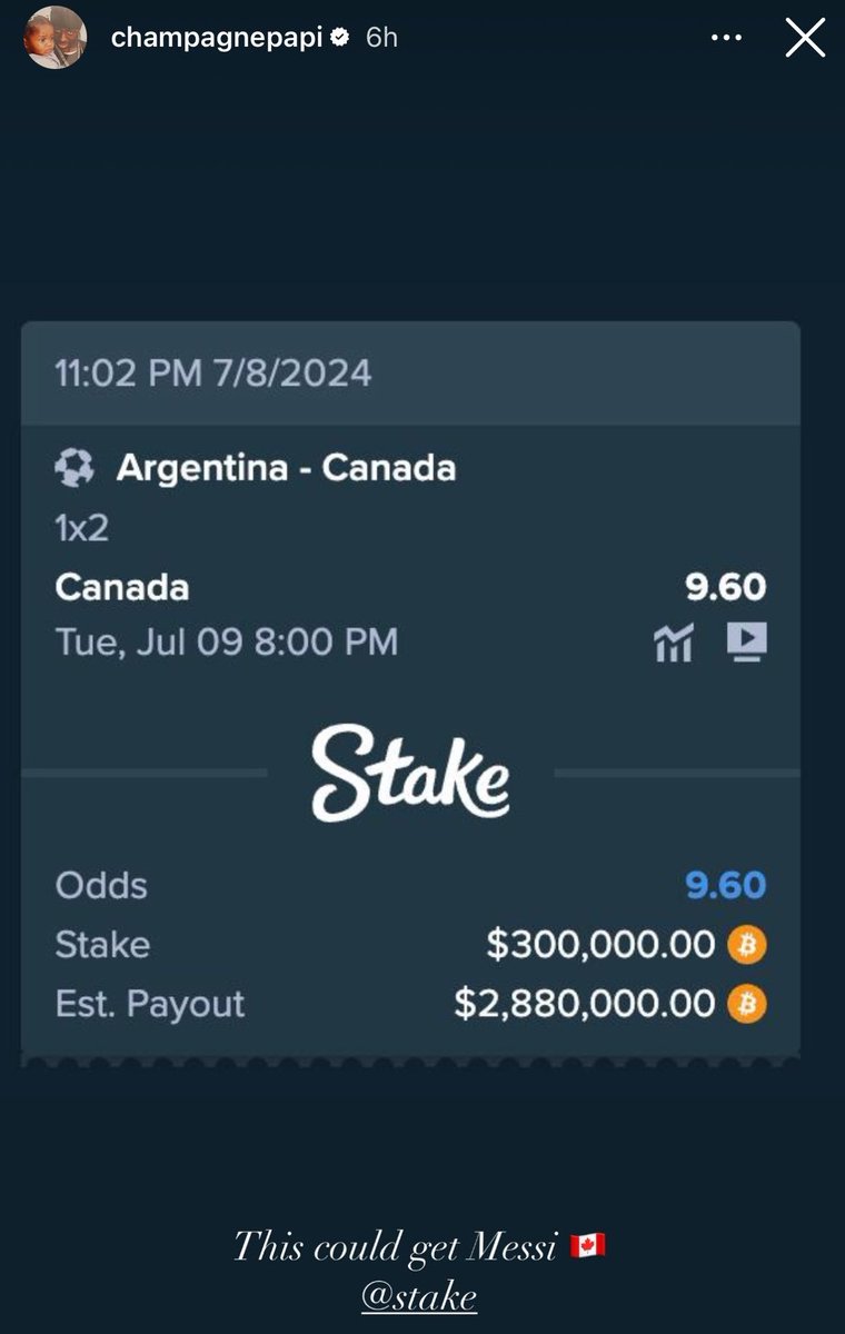centregoals's tweet photo. Drake has bet $300,000 on Canada to win against Argentina in the Copa America semi-finals... 👀🇨🇦 https://t.co/F2bT8lYQZT