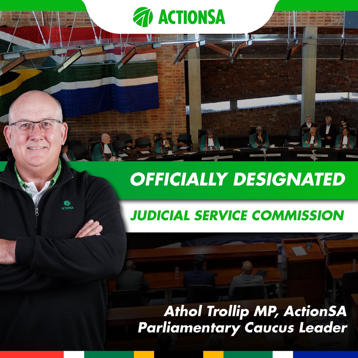 ⚖️ ActionSA's Parliamentary Caucus Leader, <a href="/AtholT/">Athol Trollip</a>, has been designated to the Judicial Service Commission (JSC)!

Mr. Trollip is one of 10 MPs assigned to the JSC in today's National Assembly Plenary sitting.

We will serve with complete impartiality and make decisions that