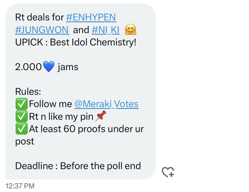 haievr's tweet photo. Rt deals for #ENHYPEN 
#JUNGWON  and #NI_KI  🤗
UPICK : Best Idol Chemistry!

2.000💙 jams

Rules: 
✅Follow me @Meraki_Votes 
✅Rt n like my pin📌
✅At least 60 proofs under ur post 

Deadline : Before the poll ends

#ENVOOSTERS #ENFuelUp https://t.co/5fPWC3ljFz