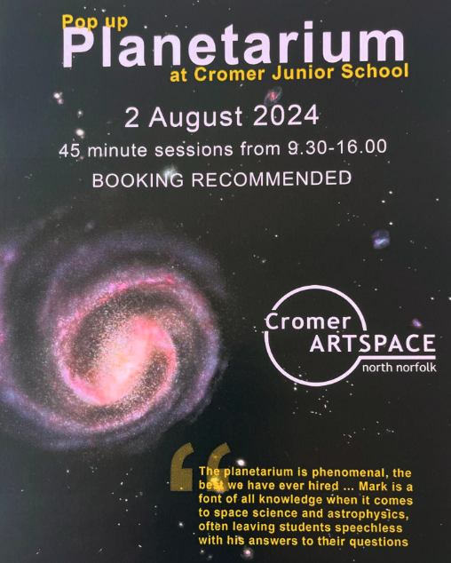CromerArtspace's tweet image. Cromer Artspace isn’t just the gallery on the prom. We also bring art and events into the community. The next event is a pop up planetarium! 🪐 Save the date 2nd of August. #popupevent #cromerartspace #whatsonincromer #cromerjunior #skyatnight
cromer-artspace.uk/events/event/p…