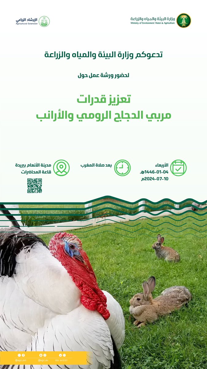 agri_ext's tweet photo. تدعوكم الوزارة لحضور ورشة عمل بعنوان " تعزيز قدرات مربي الدجاج الرومي والأرانب " 

⏰ بعد صلاة المغرب 
🗓 2024-7-10 يوم الأربعاء 
📍مدينة الأنعام ببريدة قاعة المحاضرات

#مرشدك_الزراعي https://t.co/AfMWOqhjjS