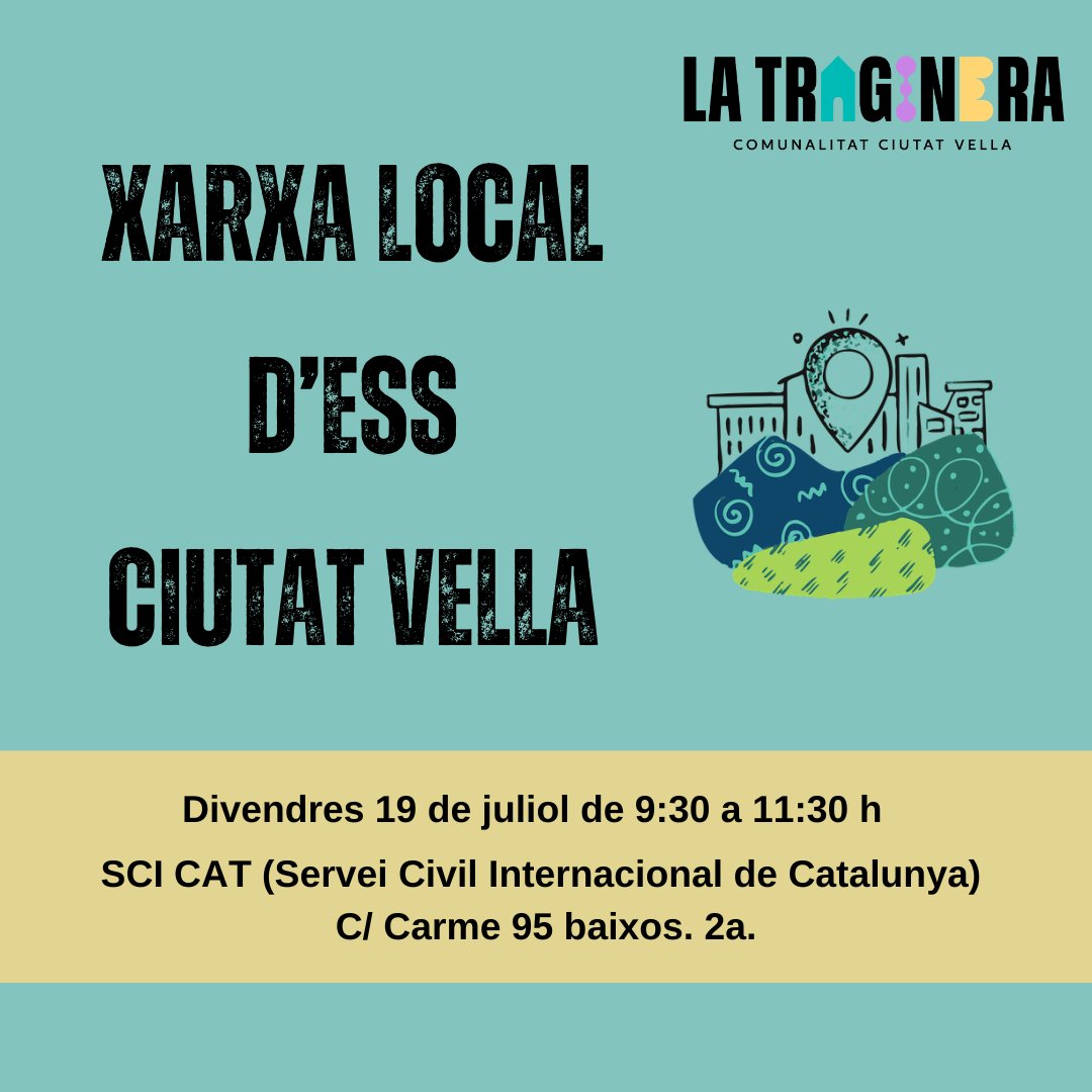 la_traginera's tweet photo. 📢 La Xarxa Local d'#ESS de #CiutatVella vol treballar col·lectivament per crear serveis mancomunats. 

Sessió enfocada a la comunicació, difusió i promoció. 

📆 19/07 de 9:30 a 11:30 h
📍 Seu @ServeiCivilCat  a C/Carme 95 baixos. 2a.

✅ Inscriu-t'hi: https://t.co/KWcW0X1CLz https://t.co/rGWY1NUVpx