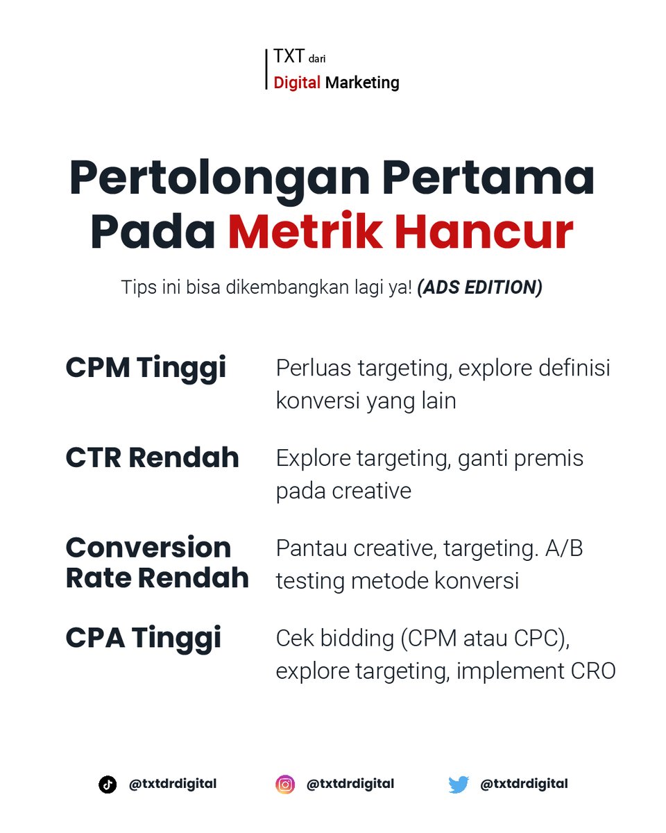 txtdrdigital's tweet photo. Pertolongan pertama, bukan berarti bakal auto bagus semua ya ads-nya

Tapi ini yang perlu dipantau, sesuai permasalahan metrik https://t.co/gyxCEzTIyS