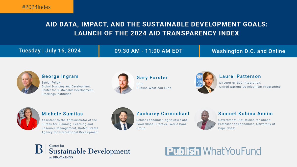 aidtransparency's tweet image. Register now for the launch of the 2024 Aid Transparency Index. We’ll unveil the ranking of the world’s major aid agencies &amp;amp; discuss #aiddata, impact &amp;amp; the #SDGs with @misumilas @PattersonLaurel @gv_statistician @Zac_Carmichael @GMIngramIV &amp;amp; @garyjforster brookings.edu/events/aid-tra…