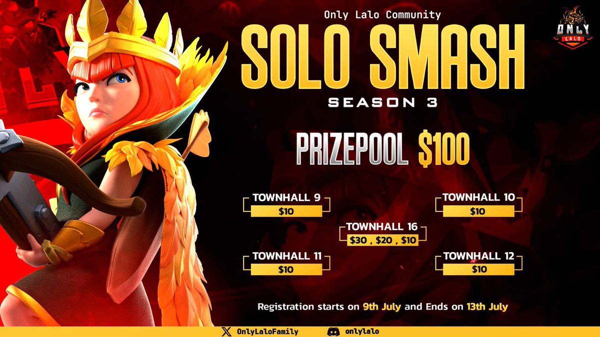 🏆 Solo Smash SEASON 3 !

💰 $100 prizepool 
🏅 5 divisions 
🛑 128 slots only !

💨 Hurry up join our discord server and register now ! 

🔗 discord.gg/onlylalo