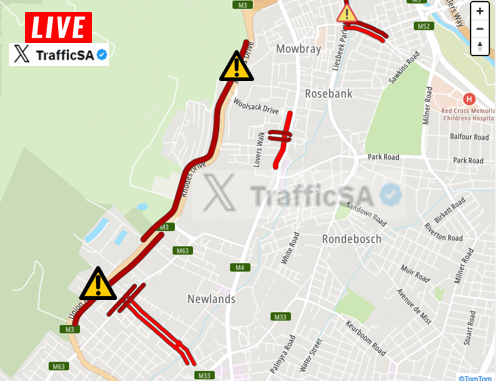 TrafficSA's tweet photo. Cape Town - M3 Highway:  #Flooding  both sides affected between Newlands and Hospital Bend https://t.co/MOKnyoua0L