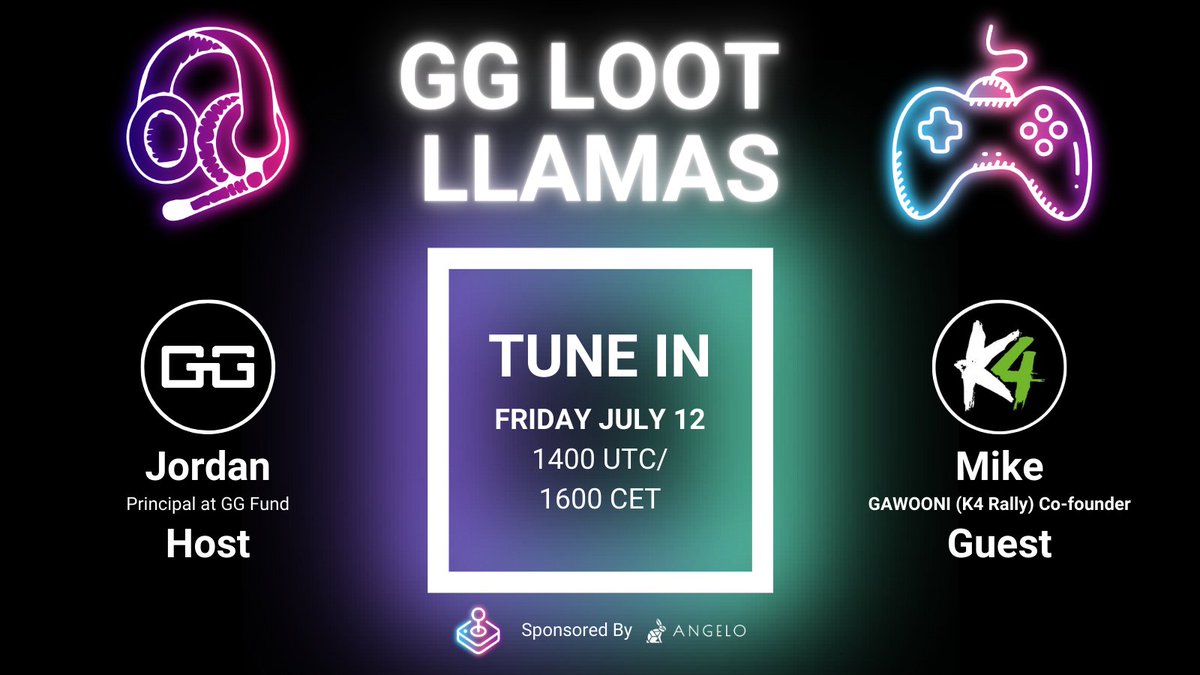 k4rally's tweet photo. 🏁 It's TIME everyone has been waiting for!

K4 Rally joining @gg_Fund’s Loot Llamas to talk everything "GameFi" and "Angelo Launchpad Alpha"

We are pleased that Mike, one of the founders of GAWOONI, has been invited as guest speaker

🗓️ This Friday, July 12 @ 2 PM UTC 

🔔 Set your reminders to join the Space https://t.co/4g3grMjEgs   

🎁 Rewards: we’ll be giving out $10 each to 10 chosen questions in GG Loot Llamas's TG channel (https://t.co/RELSaGofok)