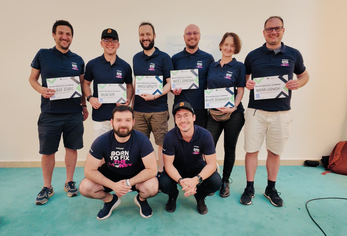 dusan_matuska's tweet photo. 🚨New crew joining the #Bitcoin Educators Tribe🤘

I am always super proud of everybody who takes time to invest into studying Bitcoin and spreading the knowledge with the others after.

Last week we finished another @AmityAge Bitcoin Educators Academy. This time in beautiful Lugano,🇨🇭Switzerland.

Participants from 🇸🇰Slovakia, 🇷🇸Serbia, 🇩🇪Germany, 🇮🇹Italy and 🇵🇱Poland dedicated full 3 days into becoming better #Bitcoin educators for their communities.

They learned the tools and skills how to be a more efficient communicator and educator. 

This academy could happen thanks to a great support and sponsorship from our partners @Trezor 🙏. 

TREZOR team helped us cover part of the logistic costs and each participant received a brand new Trezor Safe 3 and can keep spreading the word of self-custody
🤘

Huge thanks goes also to @planb_network team for hosting us in their spacious HUB and providing a lot of help during these 3 days 🙏 You are doing amazing job in Lugano and elsewhere around the world and a lot of inspiration can be taken from your work.

@MinoOfficial21, @WiksLigtht, @midimarcus , @cyberBri, @Mathevv_89, Plumski from @dvadesetjedan21 

Guys, you did amazing work and keep spreading everything you learned with the world. That is the true essence of #Bitcoin education. 🙏

And huge thanks goes to my team members @duricova_diana and @FederMarek for making it possible to happen 🙏 

_____
This year we aim to organize another 2-3 Bitcoin Educators Academies. Most probably 🇩🇪Germany, 🇬🇧UK, 🇨🇿Czechia. 

If you want to be informed about open slots for the upcoming academies, leave us an email at our website: https://t.co/Q9V5a5rZeN

Keep studying, keep teaching.