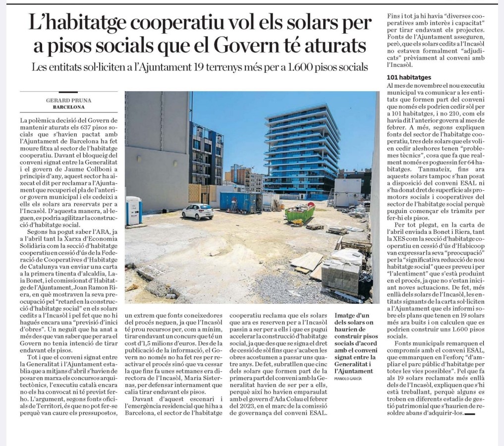 Quina és la manera de vendre fum amb les polítiques d'habitatge? Doncs no fer, ni deixar fer! Collboni cedeix 27 solars a l'INCASOL, 11 en la primera fase, 5 d'ells havien de ser per a Cooperatives en cessió d'ús. L'INCASOL incompleix, com totes sabíem...