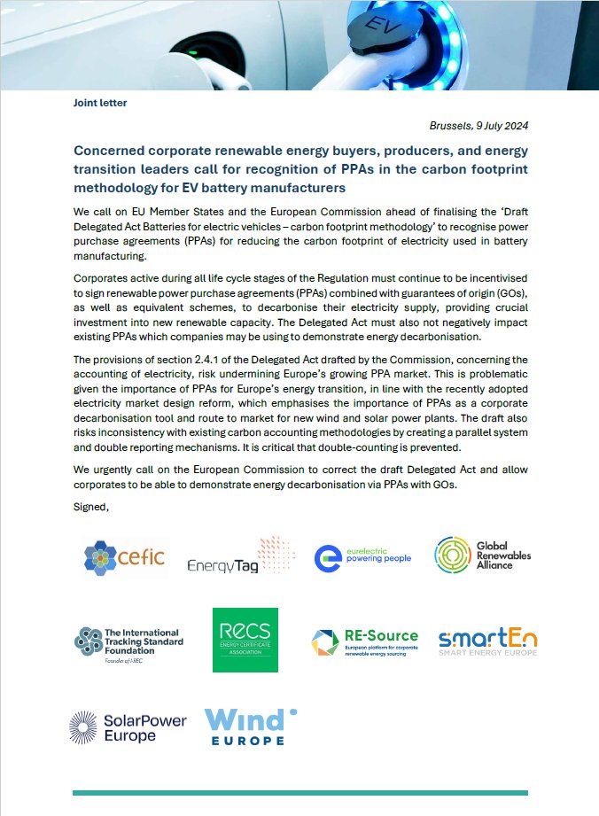 The Draft #EVBattery Act threatens Europe's PPAs market &amp; risks double carbon accounting.

📢 We call the <a href="/EU_Commission/">European Commission</a> &amp; Member States to  Recognise EV battery manufacturer’s #PPAs!

Read our joint letter to learn why 👉 cdn.eurelectric.org/media/7247/joi…

#SupportPPAs #Sustainability