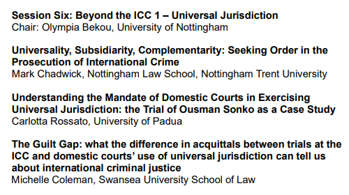 Human Rights Law Centre (HRLC) (@uonhrlc) on Twitter photo Our next session looks beyond the International Criminal Court & explores the principle of universal jurisdiction. Chaired by <a href="/olympiabekou/">Prof. Olympia Bekou</a>, with presentations from <a href="/NLS_NTU/">Nottingham Law School</a>'s <a href="/letter_of_mark/">Mark Chadwick</a>, <a href="/LawUnipd/">School of Law</a>'s Carlotta Rossato & @Swansea_Law's <a href="/coleman2016/">Dr Michelle Coleman - @michellecoleman.bsky.social</a>
#UoN_ICL24 #IntlCrimJustice Our next session looks beyond the International Criminal Court & explores the principle of universal jurisdiction. Chaired by <a href="/olympiabekou/">Prof. Olympia Bekou</a>, with presentations from <a href="/NLS_NTU/">Nottingham Law School</a>'s <a href="/letter_of_mark/">Mark Chadwick</a>, <a href="/LawUnipd/">School of Law</a>'s Carlotta Rossato & @Swansea_Law's <a href="/coleman2016/">Dr Michelle Coleman - @michellecoleman.bsky.social</a>
#UoN_ICL24 #IntlCrimJustice