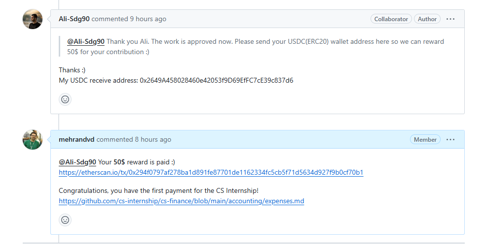 mehrandvd's tweet photo. Well, well, well...
Congratulations to @Ali_Sdg90, who received a $50 reward as the first paid #cs_internship contributor! I’m thrilled that the rewarding process has begun on the CS System.” 😊
#github #reward

https://t.co/Jnona2BebP https://t.co/F7Cwmyu33I