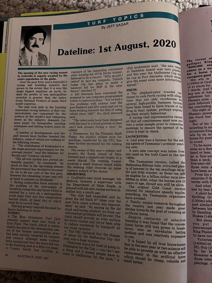 The world’s richest race for yearlings, the Melbourne Cup at Hamilton Island, Caulfield’s track manager the Minister for Main Roads… lofty expectations from 1987 🤣