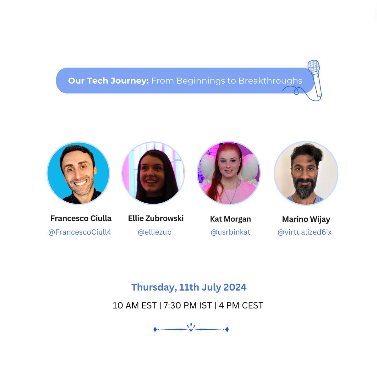 Marino Wijay 🇨🇦 (@virtualized6ix) on Twitter photo Sup friends 👋🏽
WELCOME TO OUR CROSSOVER EPISODE 🤩🤩🤩
We’ll be getting into a bit of our own tech journeys and hanging out! Come ask us anything!
🎙️<a href="/FrancescoCiull4/">Francesco Ciulla</a>
🎙️<a href="/elliezub/">Ellie 🌟</a>
🎙️<a href="/usrbinkat/">dinar_sanjaya</a>
Join us this 7/11 @ 10AM EDT / 4PM CET!!! 👇🏽👇🏽👇🏽
x.com/i/spaces/1dRKZ… Sup friends 👋🏽
WELCOME TO OUR CROSSOVER EPISODE 🤩🤩🤩
We’ll be getting into a bit of our own tech journeys and hanging out! Come ask us anything!
🎙️<a href="/FrancescoCiull4/">Francesco Ciulla</a>
🎙️<a href="/elliezub/">Ellie 🌟</a>
🎙️<a href="/usrbinkat/">dinar_sanjaya</a>
Join us this 7/11 @ 10AM EDT / 4PM CET!!! 👇🏽👇🏽👇🏽
x.com/i/spaces/1dRKZ…