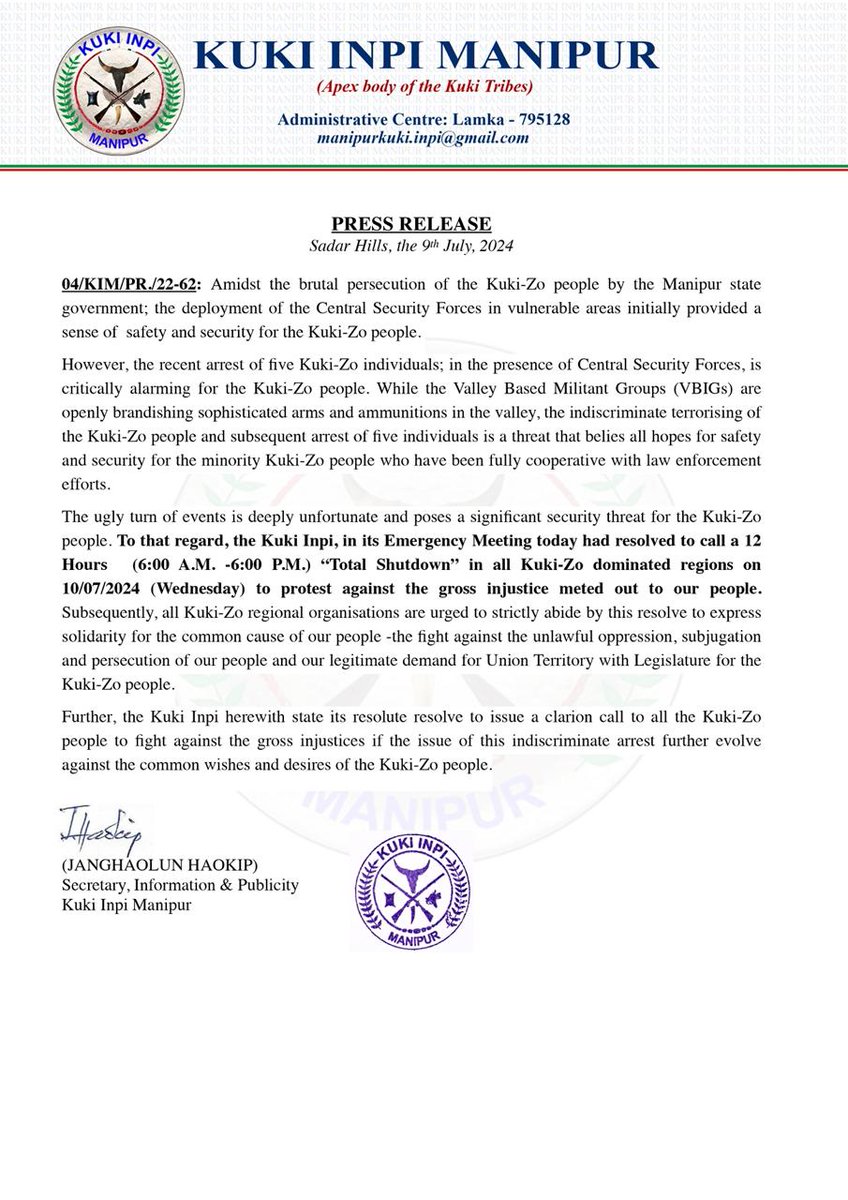 Sumkawn's tweet photo. The Kuki Innpi Manipur has called for a "12 Hours Total Shutdown" in all the Kuki-Zo-dominated areas of Manipur on June 10. 

The shutdown is being organized to protest the perceived injustice faced by the Kuki-Zo community at the hands of state forces in the presence of central forces.

#SelectiveJustice
#Justice4Kuki_Zo

@manipur_police @HMOIndia @crpfindia @official_dgar @BSF_India @adgpi @RajBhavManipur @EastMojo @IndiaTodayNE @IndianExpress @the_hindu @afridahussai @vijaita @karishmahasnat @nistula @sardesairajdeep @ThePrintIndia @thewire_in @scroll_in @ukhrultimes @TribalArmy @HansrajMeena