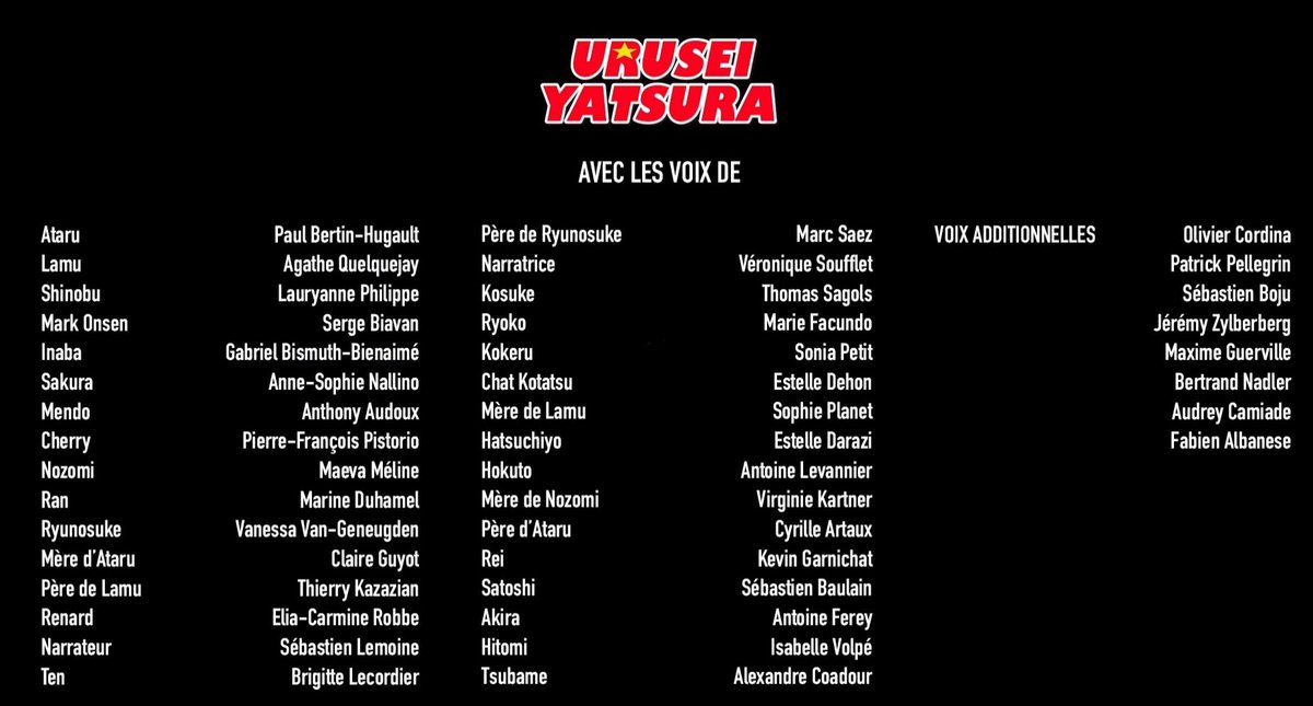 Carton de doublage de la Saison 2 de "Urusei Yatsura" sur <a href="/ADNanime/">Animation Digital Network</a> dirigé par <a href="/AlanAubert/">Alan Aubert-Carlin</a>

Avec <a href="/LecordierB/">Brigitte Lecordier</a> @seblemoine <a href="/saezmarc/">Marc SAEZ</a> <a href="/EstelleDEHON1/">Estelle DEHON</a> <a href="/EstelleDarazi/">Darazi Estelle</a> et <a href="/JerermyZyl1/">Jeremy Zylberberg</a>