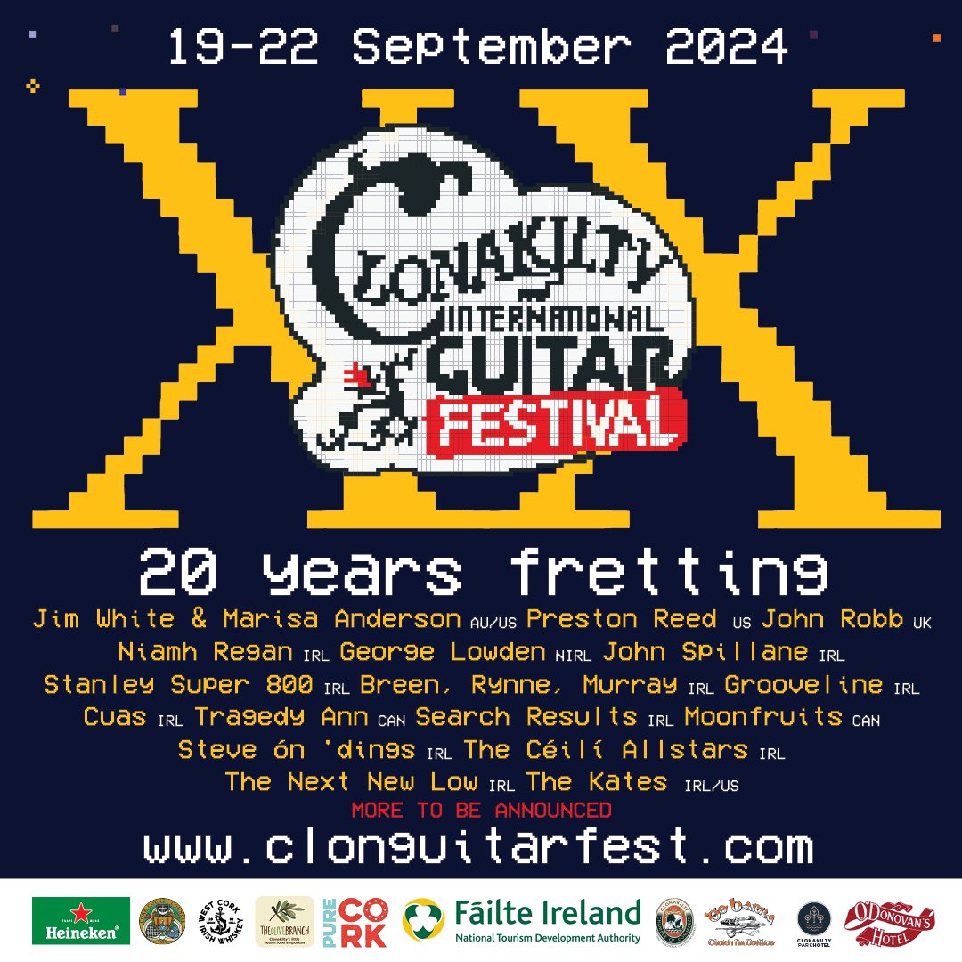 This September we’re celebrating 20 years of ‘fretting’ with some old friends and some new ones…

Why don’t you all call over?

#clonguitarfest #cigf24 #guitartown #clonakilty #Westcork #irishFestival #guitar  #bestcork #purecork