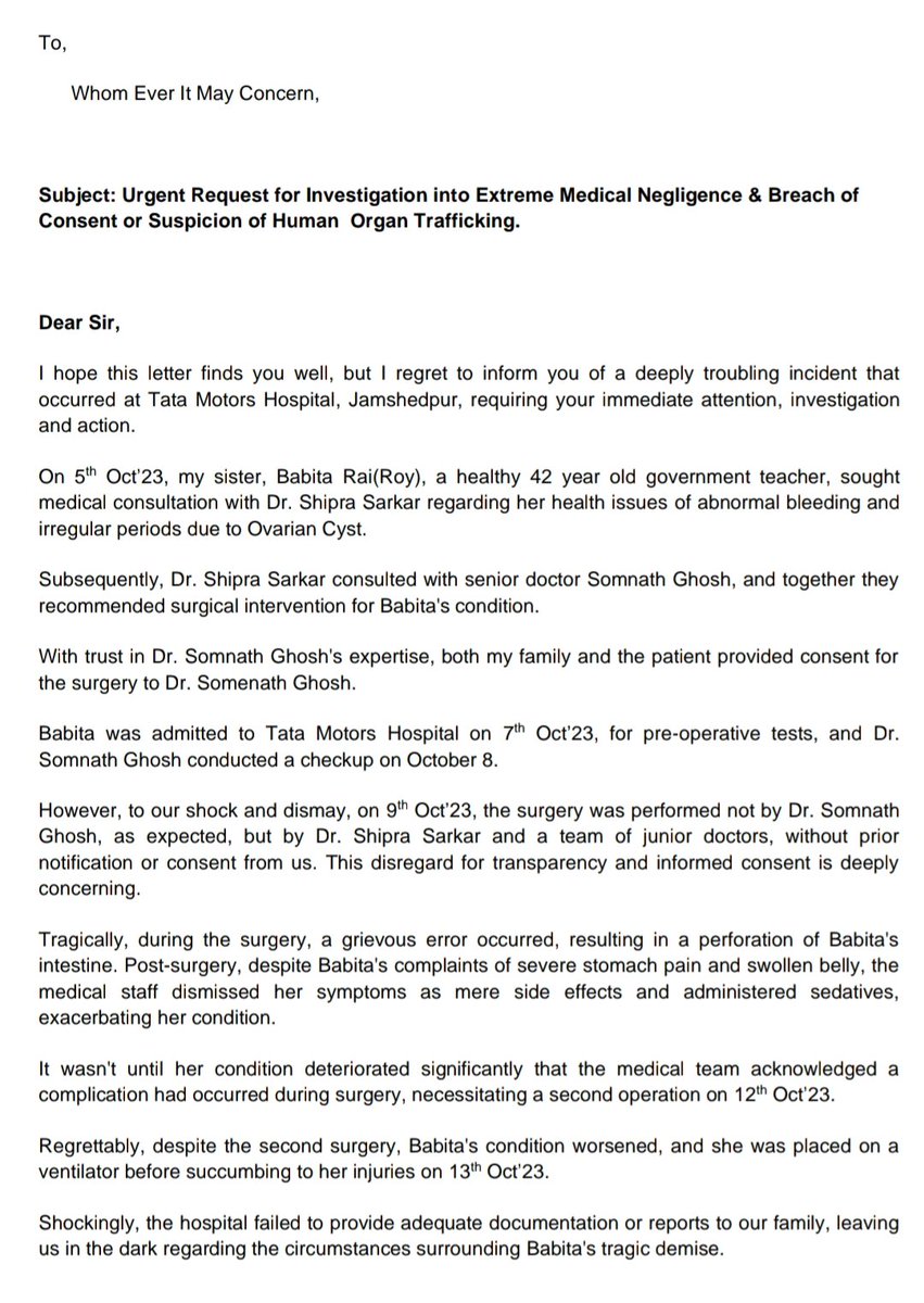 Justice4Babita's tweet image. Please read my detailed story about my sister's due to medical negligence malpractice or human organ trafficking &amp;amp; my fight for justice with system, central &amp;amp; state governments, medical boards, Local Administration, Jharkhand Police, medical councils, investigation agencies.
1