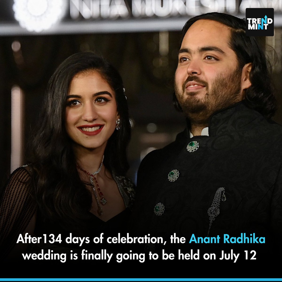 TrendMintMedia's tweet photo. Anant and Radhika will marry on Friday, July 12, at the Jio World Convention Centre in Mumbai. The 3 day celebrations begin with the Shubh Vivaah (wedding), followed by the Shubh Aashirwad (blessing ceremony) on July 13, and the Mangal Utsav (wedding reception) on July 14. https://t.co/v5IFJ9OB6N