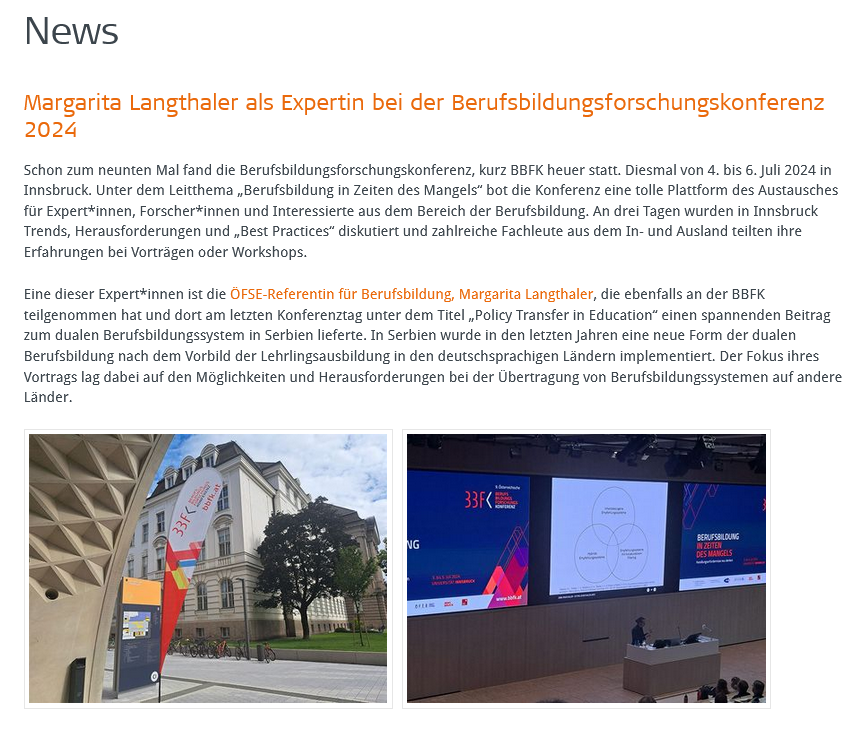 oefse's tweet photo. @mlangthaler1 (ÖFSE), hat letzte Woche bei der #BBFK einen spannenden Beitrag zum dualen Bildungssystem in Serbien geliefert. Im Zentrum stand dabei die Frage, welche Möglichkeiten es für die Übertragung von Berufsbildungssystemen auf andere Länder gibt.👉https://t.co/XfKCZYwsIA https://t.co/0YinQ3EZqE