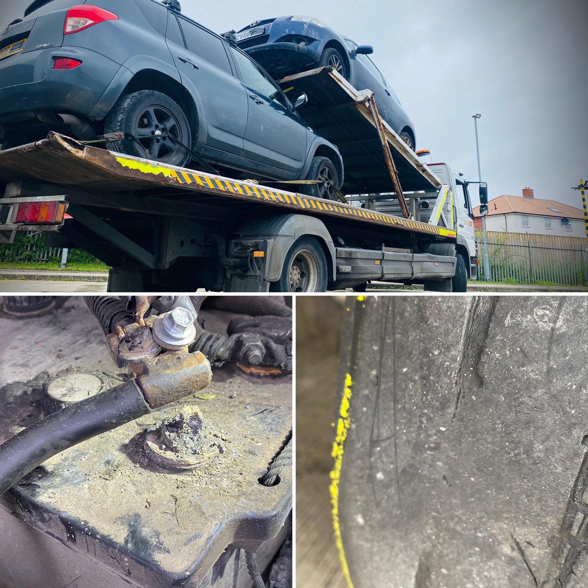 WiltsSpecOps's tweet photo. The lorry was stopped initially by #RPU due to the driver using a mobile phone.
Checks revealed no tachograph in use, no insurance, defective tyre, no operators licence, insecure load and battery shorting out to the point it’s creating sparks.
#prohibition #OffToCourt https://t.co/E5A8jtdoV3