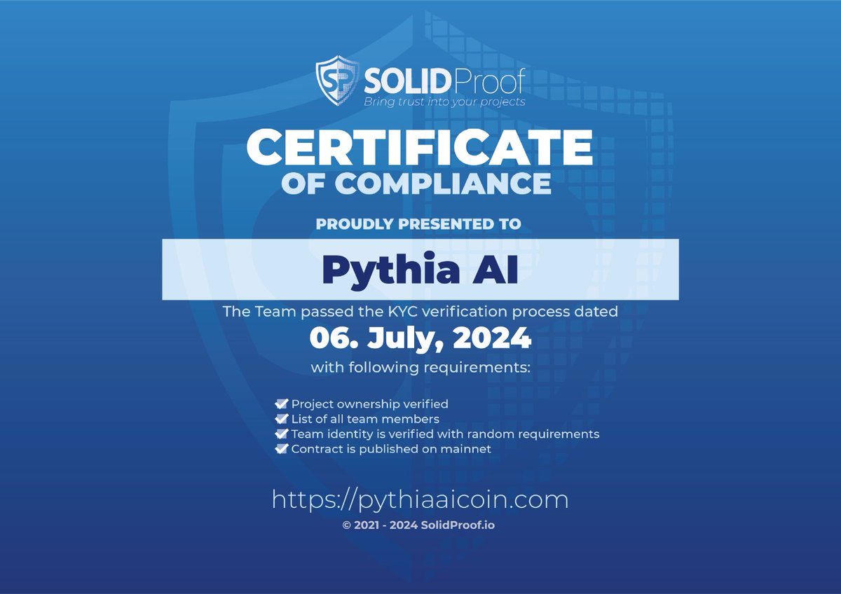 pythiaaicoin's tweet photo. Did we say KYC is done successfully for $PythiaAI?
#PythiaAiCoin #AICoin #ArtificialIntelligence #investors #MemeCoinMadness https://t.co/gaL3ke7D2z