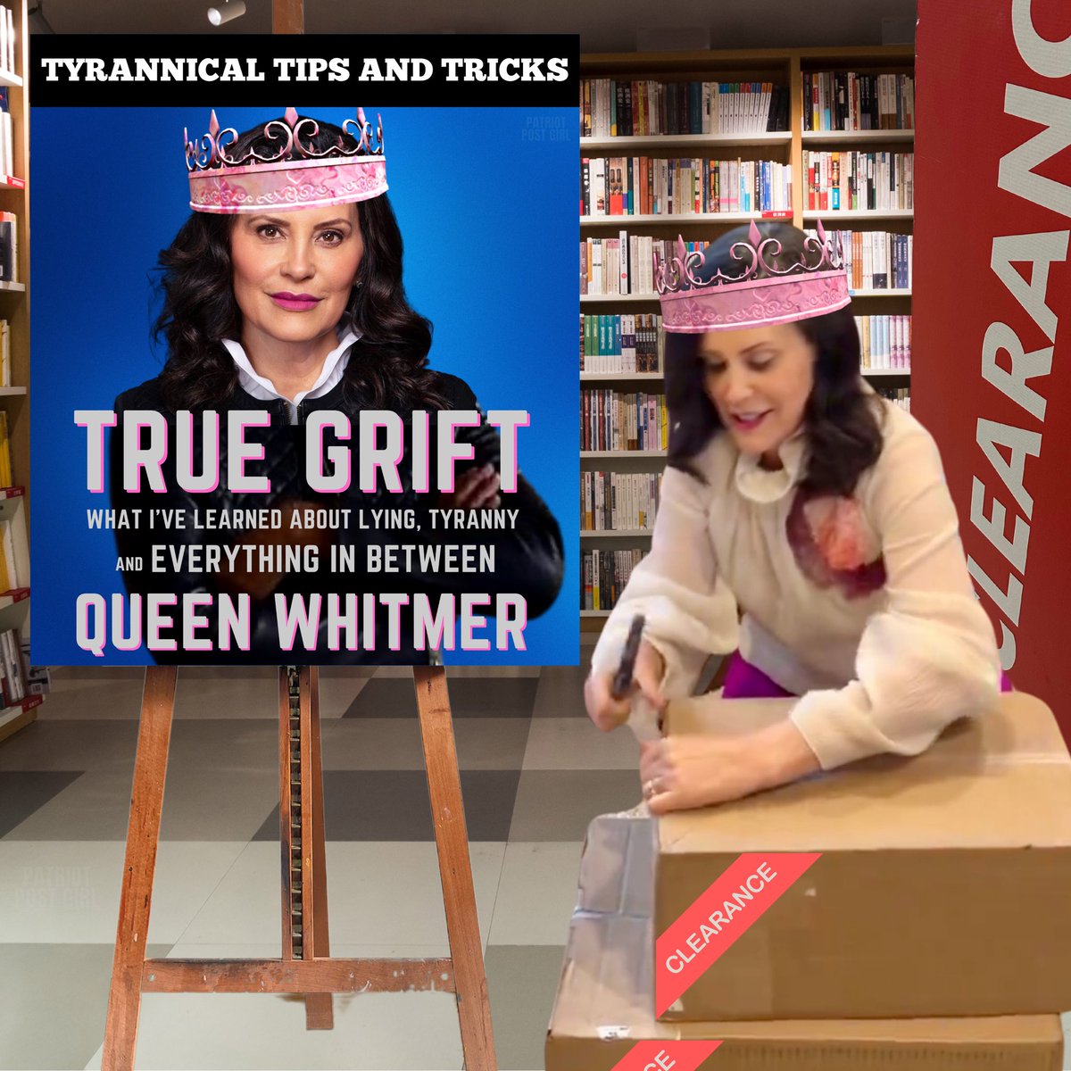 PatriotPostGirl's tweet photo. Governor Whitmer’s book, True Gretch, hits book store clearance racks this week. The Lansing media was waiting with bated breath. I didn’t have “How to be a superspreader” on my Big Gretch’s book bingo card this week though.
#TyrannyTutorial
#TrueGrift
#SuperspreaderGretch https://t.co/5YRDokB2OU