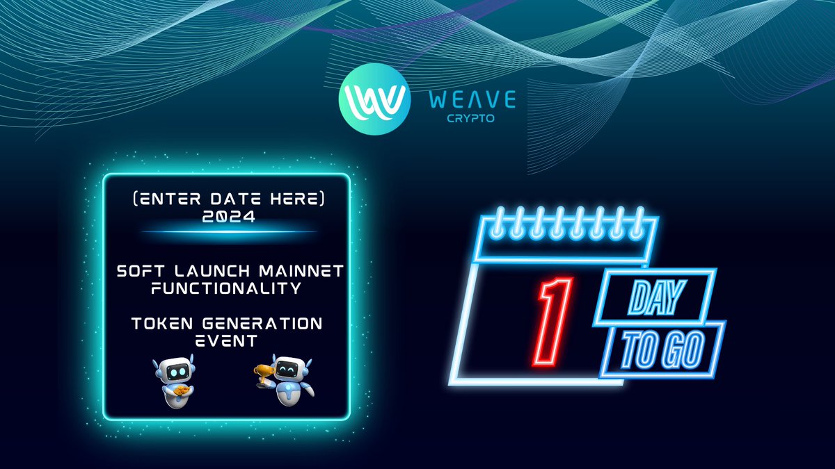 Afternoon Weavers!  

💥 Only 1 day to go!💥

Make sure to stay up to date with all of our announcements / articles ! 

Join our Discord: discord.gg/bdsjyVtvSV
Medium: medium.com/@Weave_Crypto
