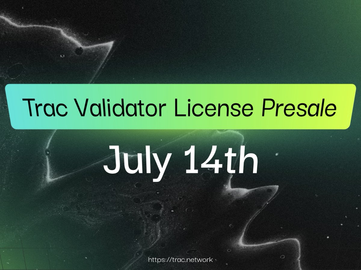 Trac Network (@trac_btc) on Twitter photo ๐ ๐๐๐ฒ๐ฌ ๐ญ๐จ ๐๐จ! โฐ
The Validator License Presale goes live on July 14th (11AM UTC). ๐๏ธ
๐300 Validator Licenses.
๐ฐ300 $TRAC each.
We are now processing all eligible addresses that registered for the presale, and are scoring them based on their holdings of eligible ๐ ๐๐๐ฒ๐ฌ ๐ญ๐จ ๐๐จ! โฐ
The Validator License Presale goes live on July 14th (11AM UTC). ๐๏ธ
๐300 Validator Licenses.
๐ฐ300 $TRAC each.
We are now processing all eligible addresses that registered for the presale, and are scoring them based on their holdings of eligible