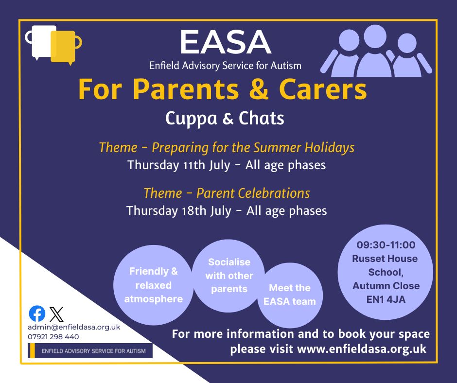 To all parents/carers, there's still time to book a space for our July Cuppa and Chat sessions; all ages.

Visit our website enfieldasa.org.uk