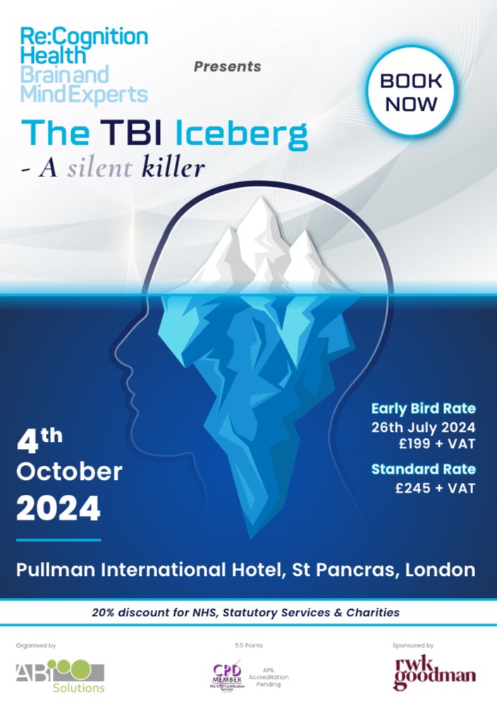 RWKG_PersInjury's tweet photo. We are delighted to be the sponsor for the @ReCogHealth conference 

The TBI Iceberg: A Silent Killer 

Early bird rate available until 26th July - book here: https://t.co/JY8qucrOS8 https://t.co/4a4MsvUgSH
