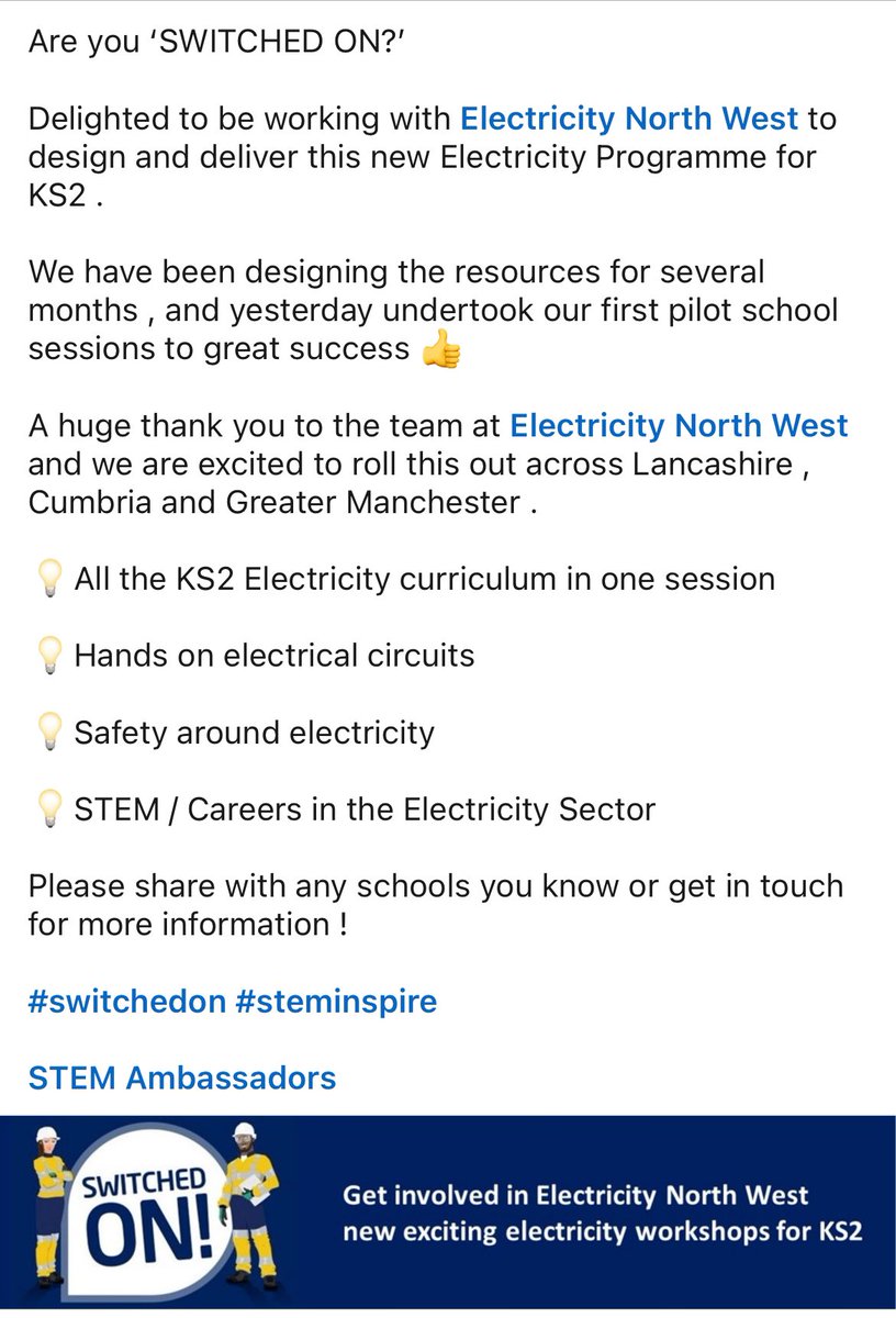 Helen Heggie (@stemfirst) on Twitter photo KS2 Electricity workshops β‘οΈ
Contact us to find out more!
Please share with Primary schools in Blackburn, Lancashire, Blackpool and Greater Manchester π‘π
<a href="/ElectricityNW/">SP Electricity North West</a> <a href="/STEMAmbassadors/">STEM Ambassadors</a> KS2 Electricity workshops β‘οΈ
Contact us to find out more!
Please share with Primary schools in Blackburn, Lancashire, Blackpool and Greater Manchester π‘π
<a href="/ElectricityNW/">SP Electricity North West</a> <a href="/STEMAmbassadors/">STEM Ambassadors</a>
