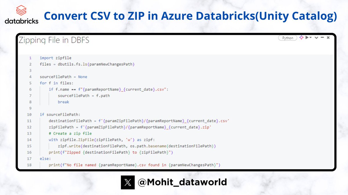 Mohit_dataworld's tweet image. Convert CSV to ZIP in Azure Databricks(Unity Catalog)