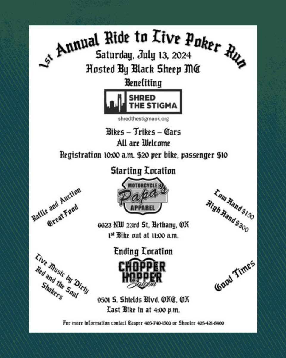 Don’t miss the 1st Annual Ride to Live Poker Run hosted by the Black Sheep Motorcycle Club benefiting SHRED this Saturday!