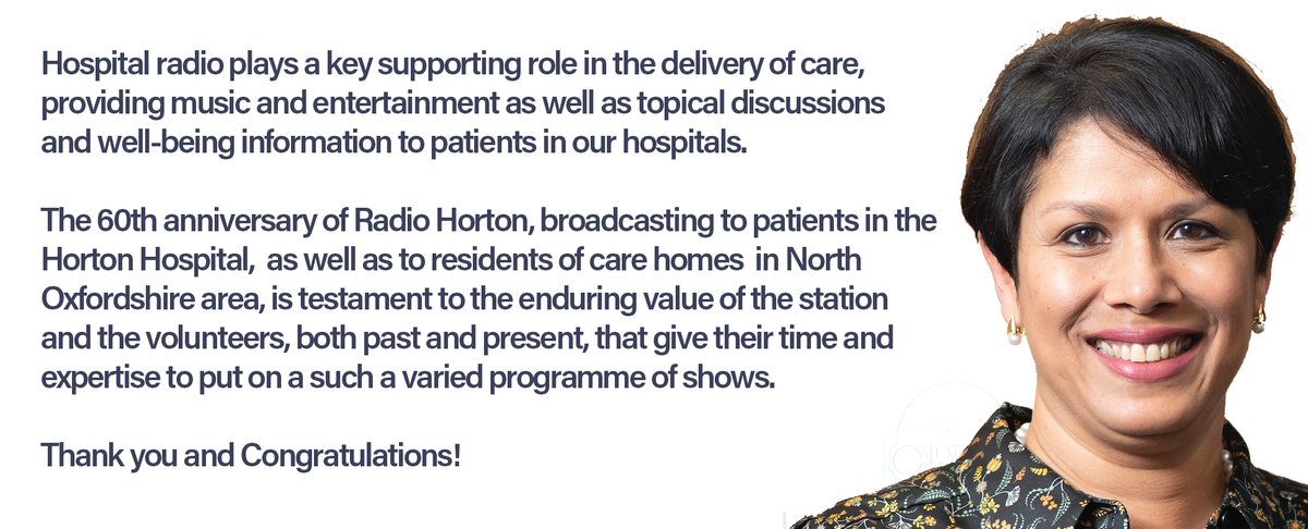 Radio Horton (@radiohorton) on Twitter photo As Radio Horton celebrates its sixtieth anniversary, <a href="/OUHospitals/">OUH</a> Chief Executive Officer, <a href="/megh_pandit/">Meghana Pandit</a>, shared these kind words about Radio Horton.
#hospitalradio <a href="/OUH_Horton/">OUH Horton General</a> <a href="/OxHospCharity/">Oxford Hospitals Charity</a> As Radio Horton celebrates its sixtieth anniversary, <a href="/OUHospitals/">OUH</a> Chief Executive Officer, <a href="/megh_pandit/">Meghana Pandit</a>, shared these kind words about Radio Horton.
#hospitalradio <a href="/OUH_Horton/">OUH Horton General</a> <a href="/OxHospCharity/">Oxford Hospitals Charity</a>