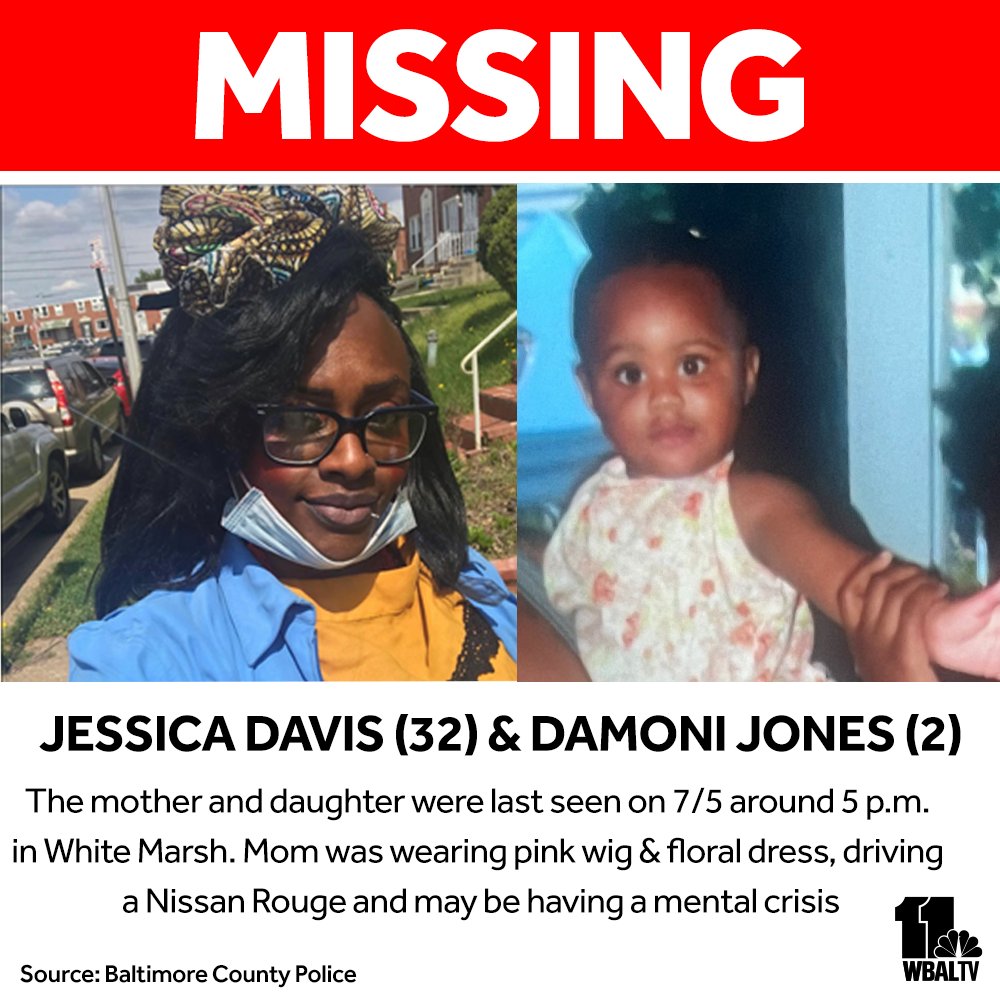*PLEASE SHARE* Baltimore County Police are searching for a missing mother and daughter last seen July 5 in the White Marsh area around 5 p.m. Mom was wearing pink wig and floral dress and may be driving a Nissan Rouge. She may be experiencing a mental crisis and in need of help.