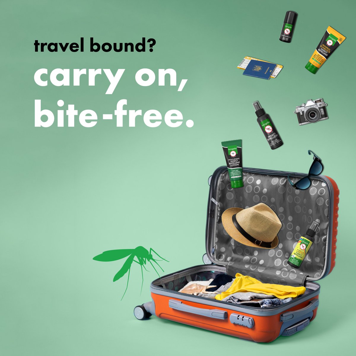incognitoUK's tweet image. On your next #summeradventure? 🛫 Don't forget to pack incognito - your #travelfriendly #insectrepellent! Many of our products are under 100mL, perfect for your carry-on or day bag.
Don't let an #insectbite ruin your holiday, go incognito today! 🦟👉 lessmosquito.com
