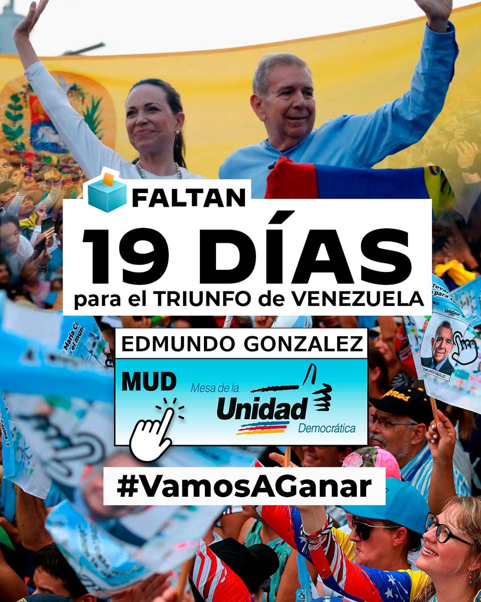 Cada vez falta menos para el cambio. En solo 19 días, saldremos a votar en paz por <a href="/EdmundoGU/">Edmundo González</a>, por el reencuentro de las familias venezolanas. #VamosAGanar