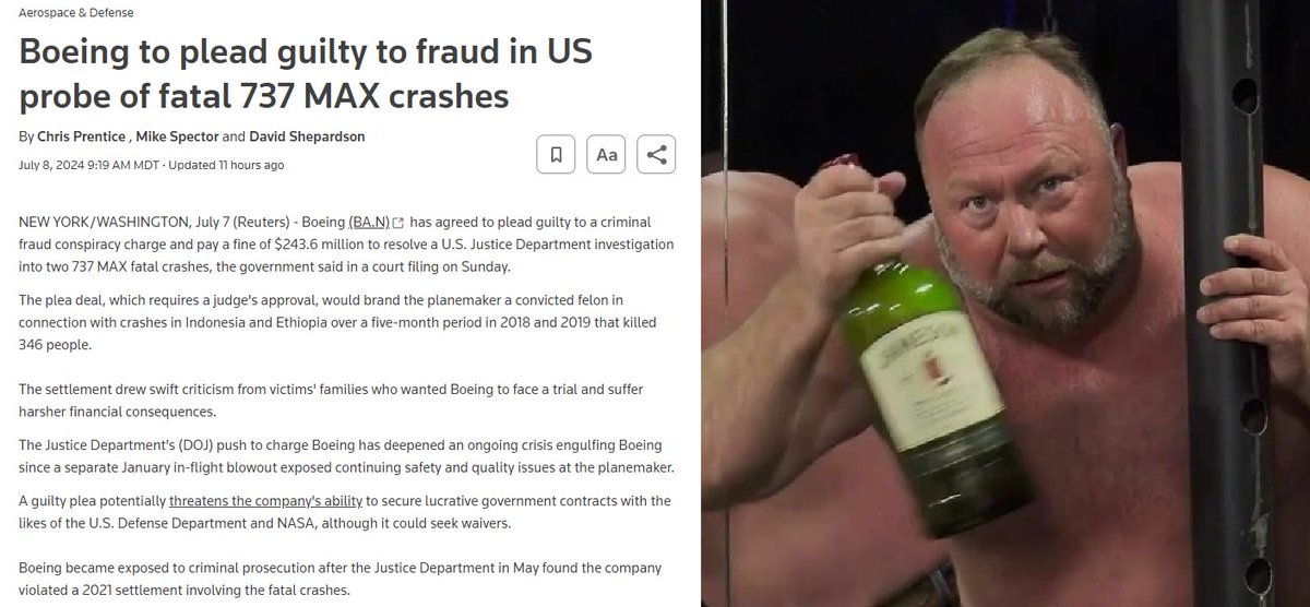 Boeing gets fined less over the deaths of 346 people than Alex Jones got fined for saying things.