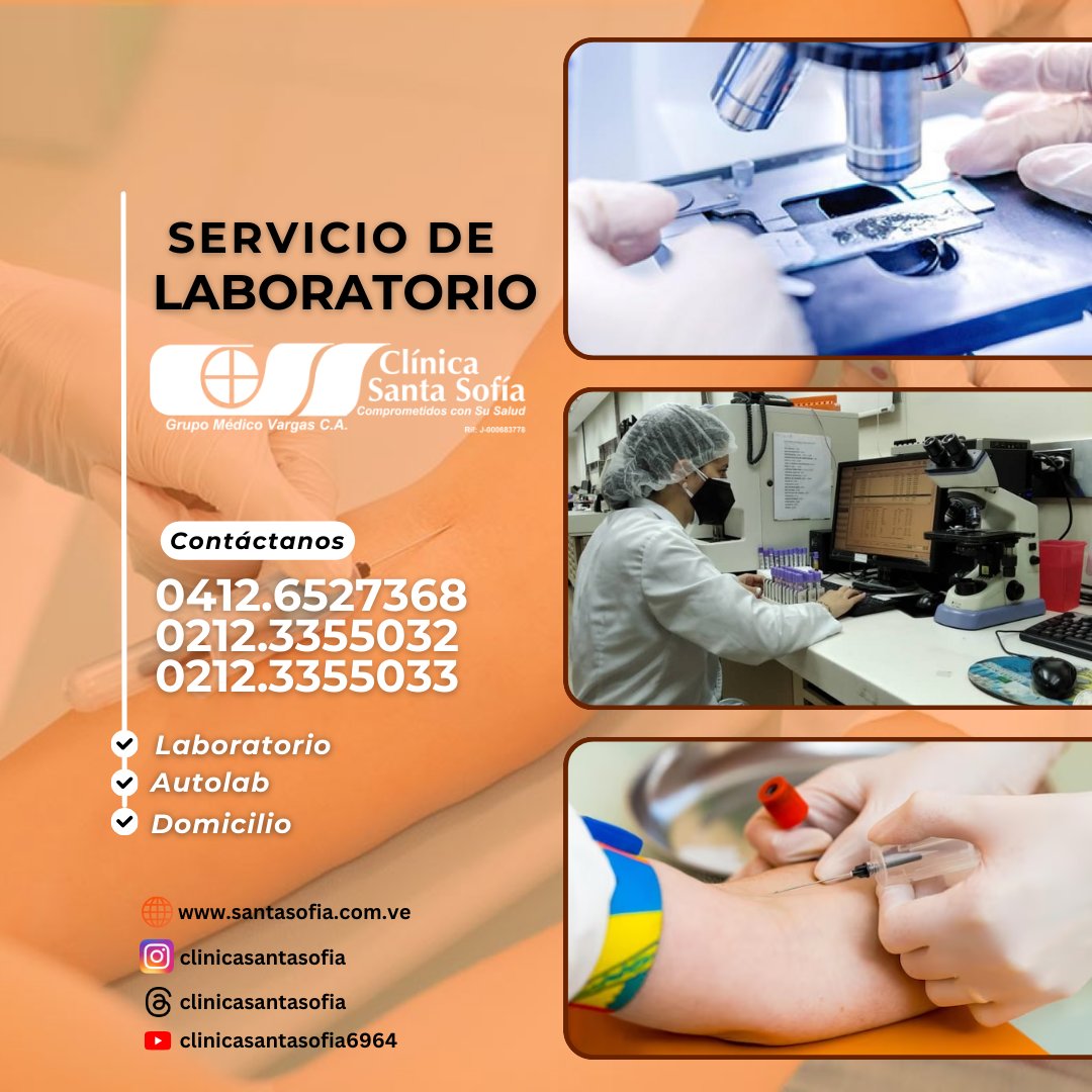 Realiza tus #exámenesdelaboratorio con nosotros
En nuestro servicio de laboratorio te ofrecemos toma de muestra en la comunidad de tu carro o tu hogar y en nuestros laboratorios
Contáctenos a través del 0412.6527368 - 0212.3355032 - 3355033